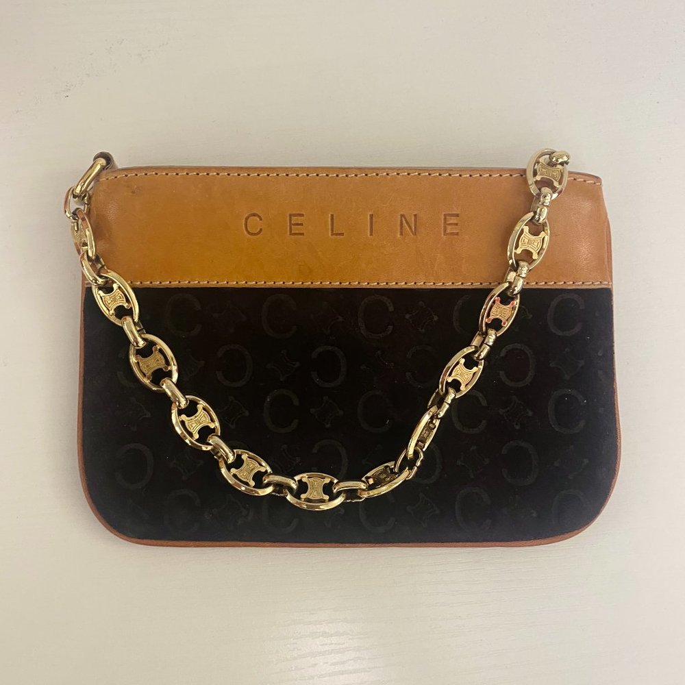 Celine Suede and Leather Clutch Purse with Gold Chain Strap